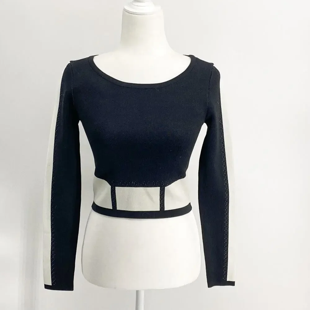 bebe Black White Colorblock Long Sleeve Crop Top Small